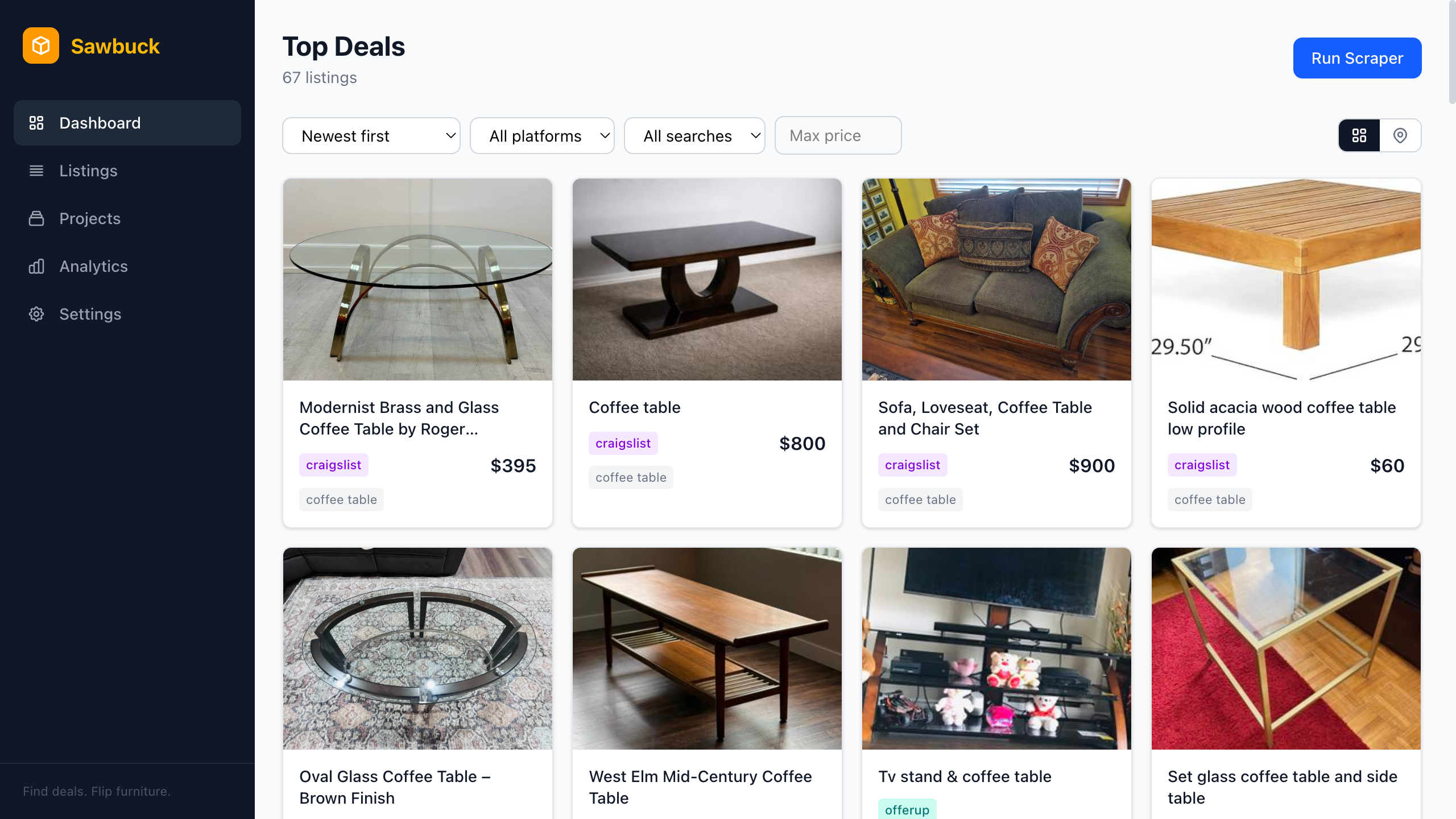 Deal finder dashboard with furniture listings from Craigslist and OfferUp