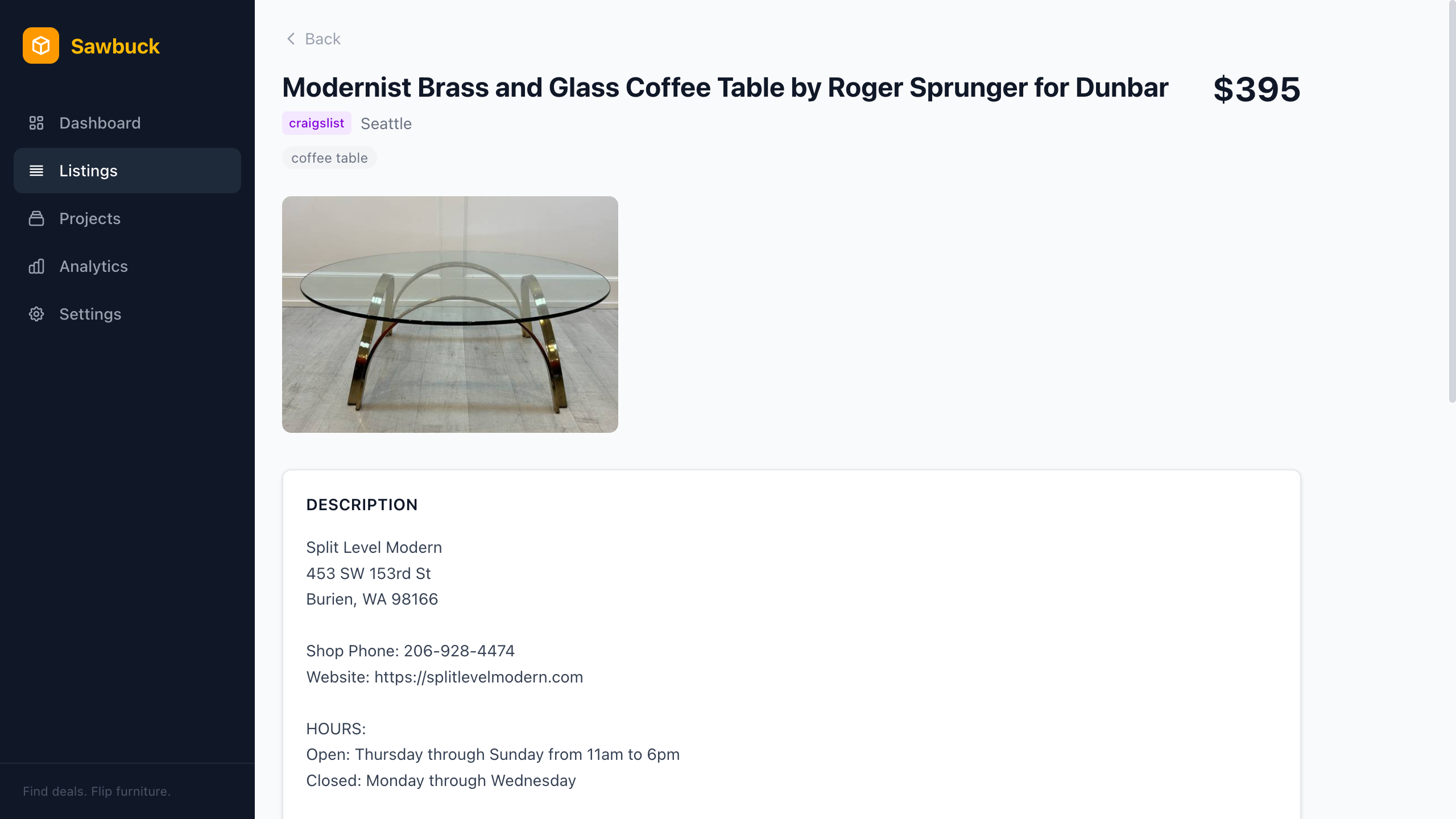Listing detail page with photos and description